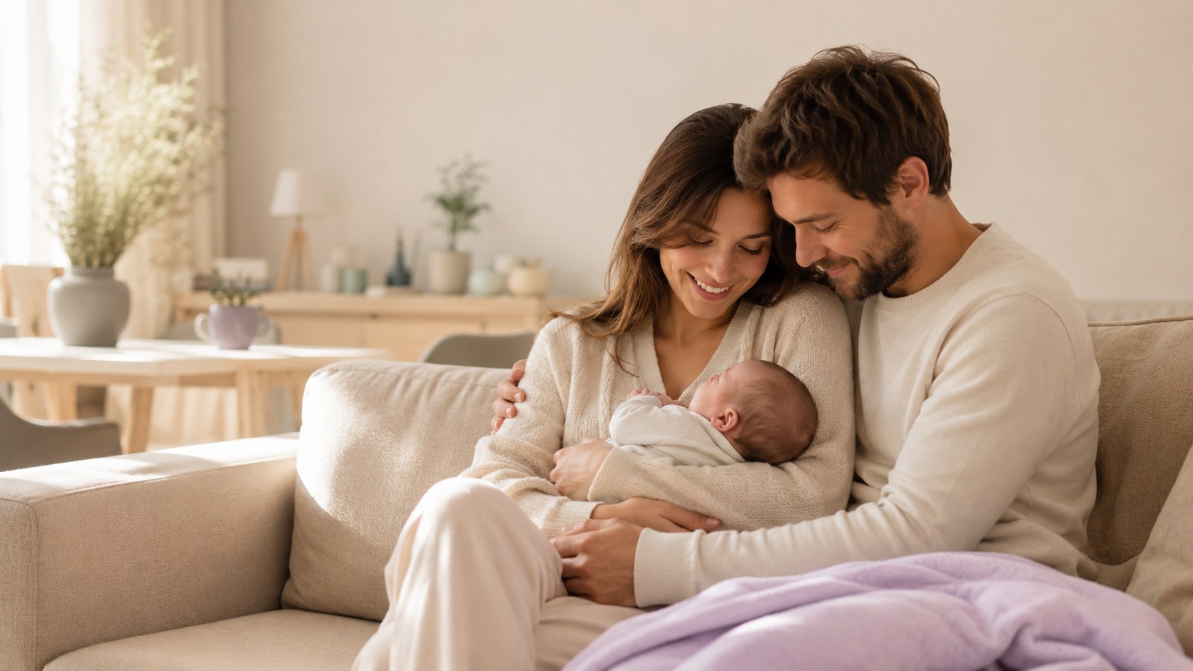 Familia con su bebé recién nacido en casa
