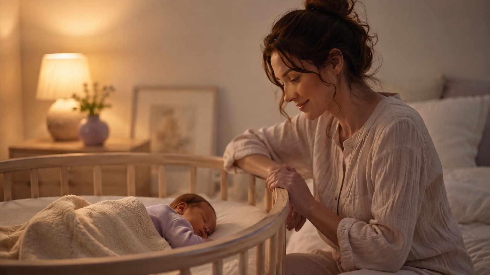 Madre despierta junto a la cuna de su bebé dormido