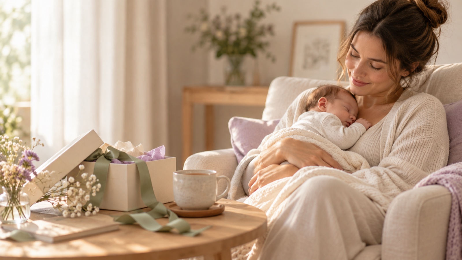 Mamá en un sillón con su bebé recién nacido dormido en brazos, junto a una caja de regalo abierta con moño verde, una taza de té y flores